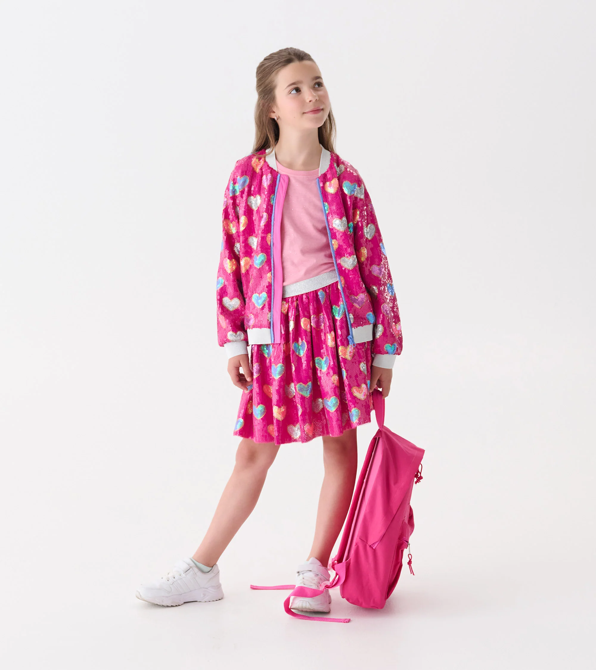 Girls Pink Busted Hearts Sequin Bomber Jacket - Image 3